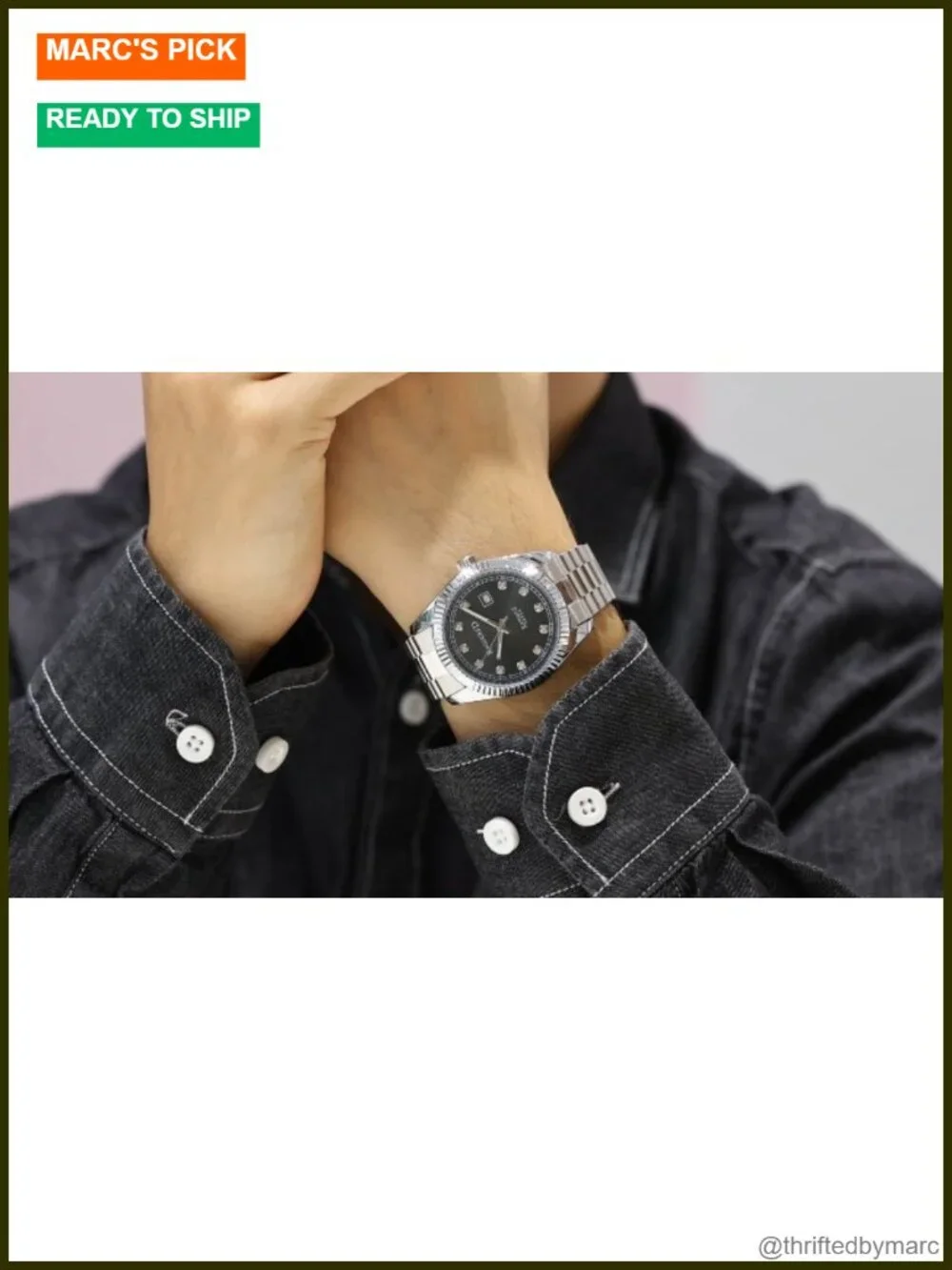 Men's Dress Watch with Diamond Markers and Stainless Steel Band, Water Resistant